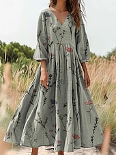 billige Boho-kjoler-dame bomull lin maxikjole sommerkjole plissert kjole ferie avslappet bohem utendørs uteliv strand blomster paisley 3/4 lengde linlignende ermer v-hals grå grønn blå off-white