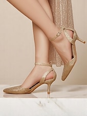 abordables cocktail-Chaussures à talons et bride cheville pailletées dorées pour femmes, chaussures habillées à bout pointu pour cocktails et événements formels