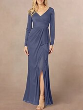 abordables Longueur du plancher-Sirène / Trompette Robe de Mère de Mariée  robe demoiselle d honneur Élégant Col en V Longueur au sol Chiffon manche longue avec Volants Devant Fendu Fronces 2025