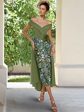 abordables Robes de cocktail-Robes cocktail brodées en colonne bleu vert vintage invitée à un mariage longueur cheville manches courtes épaules dénudées convertible crêpe extensible avec fente