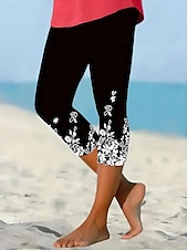 billiga -Kvinnors leggings capribyxor hög elasticitet mode streetwear hel längd hög midja blommigt tryck termisk varm andningsbar mjuk utomhus vardag linne lik mörkgrå kombination sommar vår regular fit