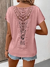 preiswerte Einfarbiges T-Shirt-Damen T-Shirt Einfarbig Einfach Mode Modern Lässig Kurzarm Rundhalsausschnitt Regulär Oberteile Täglich Wochenende Spitze Patchwork Schwarz Weiß Pink Khaki Sommer