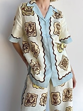 baratos Conjuntos-Mulheres Moda Roupa de rua Camisas de algodão e linho Conjuntos de linho de algodão Conjuntos de calças Manga Curta Colarinho de Camisa Floral Imprimir Roupa Diária Encontro Azul Verão Normal