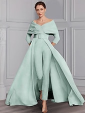 voordelige Mama&amp;#39;s jumpsuits-Twee-delige Jumpsuit Moeder van de Bruid Formele Bruiloft Gast Elegante Feest Scoop Hals Off Schouder Enkele Lengte Rekbare Stof 3/4 Lange Mouw met Ceintuur  Riem 2025