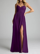 baratos Vestidos para Madrinhas-Vestido de dama de honra em corte A, decote em V / alças finas, sem mangas, elegante, longo, chiffon com pregas / frente aberta / franzido 2025