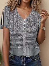 abordables T-shirt Boho-Femmes T-shirt Fleuri Graphique Géométrique ancien Élégant Classique Manche Courte Col en V Hauts Réguliers Quotidien Sortir Week-end Imprimé Gris Été Printemps