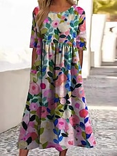 abordables Robes fleuries décontractées-Femmes Robe Midi Robe Décontractée Robe Fleurie Classique Moderne Extérieur Quotidien Fête Coupe régulière Fleur Manche Courte Col ras du cou Jaune Bleu Fuchsia Abricot Été