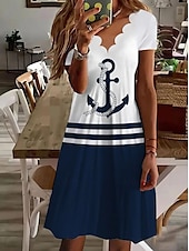 preiswerte Streifen- und geometrische Kleider-Damen Minikleid T-Shirt-Kleid A Linie Kleid Sommerkleid Lässig Täglich Normale Passform Grafik Geometrisch Kurzarm V Ausschnitt Marinenblau Sommer