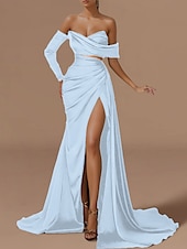 cheap GREEN-Beach Wedding Mermaid Evening Gown Sexy Dress Formal Wedding Guest Floor Length Long Sleeve Off Shoulder Satin with Ruched Slit Masquerade Dress