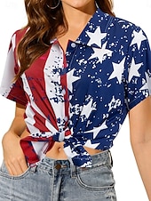 economico Magliette Giorno dell’Indipendenza-Camicia patriottica femminile per il Giorno dell&#039;Indipendenza Quattro di luglio Grafica Bandiera Stilosa Casual Maniche Corte Collo Camicia Tops Regolari Quotidiani Blu Estate Primavera