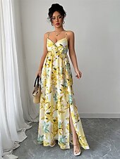 olcso Koktélruhák-Ásványvonalú quinceanera ruhák Elegáns ruha formális esküvő földig érő ujjatlan V nyakú poliészter hátul nyitott virágmintás esküvői vendég ruha
