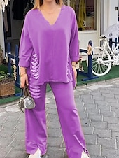 abordables Ensembles-Femmes Actif Mode Chemises en coton et lin Chemisier Ensembles de Pantalons manche longue Col en V Couleur Unie Paillettes Vacances Décontracté Quotidien Noir Blanche Rouge Été Coupe régulière