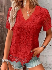 abordables T-shirt uni-T-shirt pour femmes couleur unie graphique simple mode moderne décontracté à manches courtes col en V hauts réguliers quotidiens week-end dentelle patchwork noir blanc rose rouge été