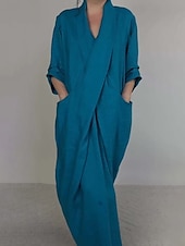 economico Vestito Semplice-Per donna Abito Lungo Maxi Abito Abito in cotone e lino Moda Moderno All&#039;aperto Vacanza Ferie Vestibilità regolare Semplice Mezza Manica Scollo a V Nero Bianco Blu Viola Estate