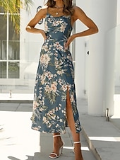 cheap Print Floral Dresses-Women&#039;s Midi Dress Floral Dress Boho Dress Print Dress Fashion Classic Outdoor Vacation Holiday Regular Fit Flower Sleeveless Spaghetti Strap Pink Navy Blue Orange Summer