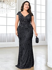 cheap BLUE-Mermaid / Trumpet Plus Size Dresses Elegant Curve Dress Formal Wedding Floor Length Short Sleeve V Neck Lace Backless with Sequin