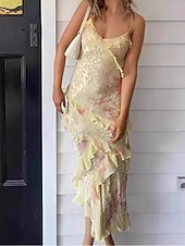 abordables Robes fleuries élégantes-Femmes Robe Longue Maxi Robe Robe Décontractée Robe Fleurie Mode Robe élégante Extérieur Soirée Fête Coupe régulière Fleur Sans manches Col en V Jaune Rose Claire Orange Été