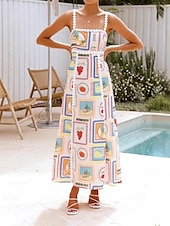 cheap Design Cotton &amp; Linen Dresses-Women&#039;s Long Dress Maxi Dress Cotton Linen Dresses Casual Dress Fashion Outdoor Party Holiday Regular Fit Fruit Sleeveless Spaghetti Strap Beige Summer