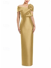 abordables Robes de cocktail-Robe de Soirée Fourreau  Colonne Élégante Robe Formelle Mariage Longueur de Sol Manches Courtes Épaule Dénudée Satin avec Nœud(s)