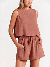 cheap Sets-Women&#039;s Active Basic Cotton Linen Sets Blouse Shorts Sets Sleeveless Crew Neck Solid Color Drawstring Going out Weekend Black Blue Orange Summer Regular Fit