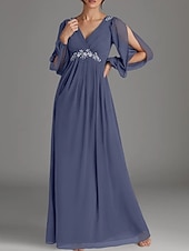 cheap Floor Length-A-Line Mother of the Bride Dress Wedding Guest Elegant V Neck Floor Length Chiffon Long Sleeve with Beading Appliques Ruching