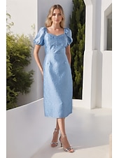 cheap Cocktail Dresses-Sky Blue Jacquard Dress Column Cocktail Dresses Midi Dress Formal Semi Formal Wedding Tea Length Short Sleeve Bubble Sleeve Sweetheart Neckline Wedding Guest Dress