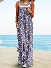 abordables combinaisons décontractées-Femmes Normal Combinaison Occasionnel Fleuri Sans manches Col en U Avec Poches Imprimé Rue Quotidien Coupe régulière Bleu Violet Fuchsia Été