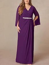 preiswerte Bodenlänge-A-Linie Brautmutterkleid Hochzeitsgast Elegant V Ausschnitt Bodenlang Chiffon Spitze Langarm mit Falten Perlenstickerei Raffung 2025