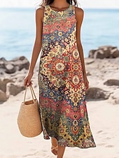 abordables Robes Boho-Femmes Robe maxi Robe d&#039;Été Robe fourreau Robe à épaules dénudées Occasionnel Sortir Plage Coupe régulière Graphique Tribal Sans manches Col en V Rouge orangé Été Printemps