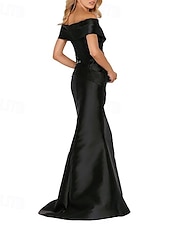 preiswerte WEISS-Meerjungfrau  Trompete Abendkleid Elegantes Kleid Formelle Hochzeit Bodenlang Ärmellos Offene Schulter Satin mit Perlen