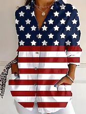 cheap Independence Day Top-Independence Day Women&#039;s Patriotic Fourth of July Shirt Graphic Flag USA Vintage Daily Stylish Long Sleeve Shirt Collar Regular Tops Work Daily Buttons Print Denim Blue Black Red Blue Summer Spring