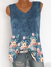 abordables Débardeur Floral-Femmes Débardeur caraco Fleuri Graphique ancien Tropical Élégant Sans manches Col en V Hauts Longs Quotidien Imprimé Bleu Été Printemps
