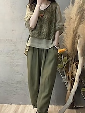 abordables Ensembles-Femmes Actif Mode Ensembles en coton et lin Chemisier Ensembles de Pantalons Manche 3/4 Col ras du cou Impression Patchwork Fête Week-end Vert Véronèse Été Coupe régulière