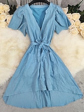 abordables Robes Bohémiennes-Femmes Mini Robe Robe en coton et lin Robe bohème Robe occidentale Mode Moderne Vacances Fête Week-end Coupe régulière Uni Manche Courte Col en V Bleu Été