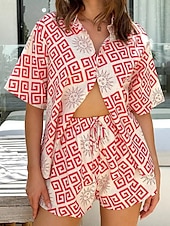 abordables Ensembles-Femmes Mode Streetwear Chemises en coton et lin Ensembles en coton et lin Ensembles de Shorts Manche Courte Col de chemise Impression Imprimé Tenue quotidienne Date Blanche Rose Claire Rouge Été