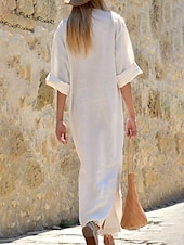 preiswerte Kleider-Damen Langes Kleid Maxikleid Baumwoll-Leinenkleid Klassisch Modern Urlaub Täglich Ferien Normale Passform Einfach Halbarm V Ausschnitt Schwarz Weiß Wein Dunkelgray Sommer