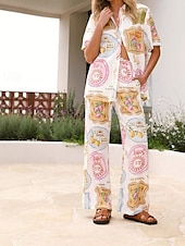 preiswerte Sets-Damen Mode Streetwear Baumwoll-Leinen-Sets Hosen-Sets Kurzarm Hemdkragen Pflanze Druck Alltagskleidung Date Weiß Sommer Normale Passform