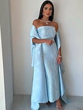cheap BLUE-Sky Blue Beaded Gown Cape Dress Sheath / Column Evening Gown Elegant Dress Semi Formal Wedding Wedding Guest Dress Floor Length Sleeveless Strapless Satin
