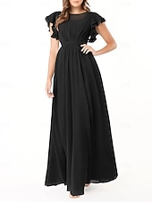 baratos Vestidos para Madrinhas-Vestido de dama de honra em corte A, gola redonda, manga longa, elegante, longo, chiffon com pregas / franzido 2025
