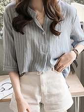 abordables Tops à Rayures et Géométriques pour Femmes-Femmes Chemise Rayé Élégant Occasionnel Manche 3/4 Col ras du cou Hauts Réguliers Quotidien Boutons Imprimé Blanche Rose Claire bleu marine Bleu clair Été