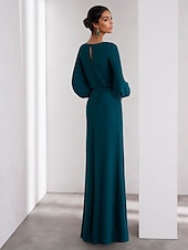 economico VERDE-Linea ad A Abito da Sera Elegante Vestito Formale Matrimonio Lunghezza al pavimento Manica Lunga Scollo a V Crepe Elasticizzato con Volant 2025