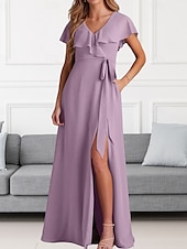 cheap Bridesmaid Dresses-A-Line Bridesmaid Dress V Neck Short Sleeve Elegant Floor Length Chiffon with Sash / Ribbon / Ruffles / Split Front