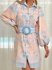 preiswerte bedruckte Kleider aus Baumwolle und Leinen-Damen Langes Kleid Maxikleid Baumwoll-Leinen-Kleider Freizeitkleid Mode Outdoor Party Ferien Normale Passform Blume Langarm Hemdkragen Rosa Blau Sommer