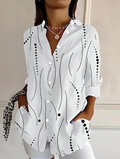 voordelige Dames Strepen &amp; Geometrische Tops-Dames Overhemd Grafisch Geometrisch Ruitjes Casual Lange mouw Overhemdkraag Normale tops Werk Dagelijks Knop Afdrukken Zwart Wit Blozend Roze blauw Bruin Zomer Lente Herfst