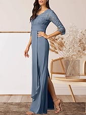 preiswerte Bodenlänge-Säule  Kolonne Mutter der Braut Kleid Hochzeitsgast Elegantes Hoher Schlitz V-Ausschnitt Bodenlanges Chiffon 3/4 Länge Ärmel mit Rüschenapplikationen Raffung