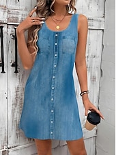 preiswerte Einfaches Kleid-Damen Minikleid Sommerkleid A Linie Kleid Urlaub Lässig Täglich Normale Passform Grafik Einfach Ärmellos U-Ausschnitt Blau Dunkelblau Sommer