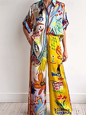 abordables Ensembles-Femmes Mode Streetwear Ensembles de Pantalons Demi Manches Col de chemise Graffiti Imprimé Tenue quotidienne Date Jaune Été Coupe régulière