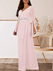 preiswerte Bodenlänge-A-Linie Brautmutterkleid Hochzeitsgast Elegant V Ausschnitt Bodenlang Chiffon Langarm mit Kristalle Raffung 2025