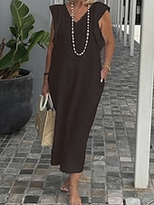 economico disegnare abiti in cotone e lino-Per donna Abito Lungo Maxi Abito Abiti in cotone e lino Vestito Casual Moda All&#039;aperto Feste Ferie Vestibilità regolare Semplice Senza Maniche Scollo a V Nero Bianco Blu marino Estate