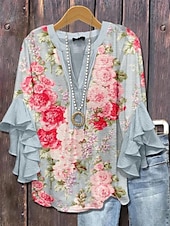 economico Top Floreali-Blusa da donna con maniche a strati e arricciate top floreale grafico vintage Bohemia quotidiano maniche a 3/4 scollatura a V top regolari abbigliamento quotidiano per le vacanze stampa rosa rossa